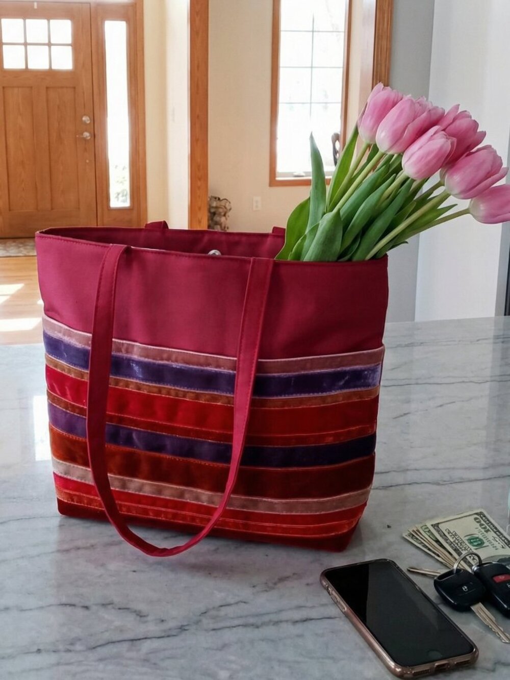 Nice Bath & Body Works Burgundy Tote Satin Velvet Stripes Roomy Purse/Handbag - Picture 1 of 15